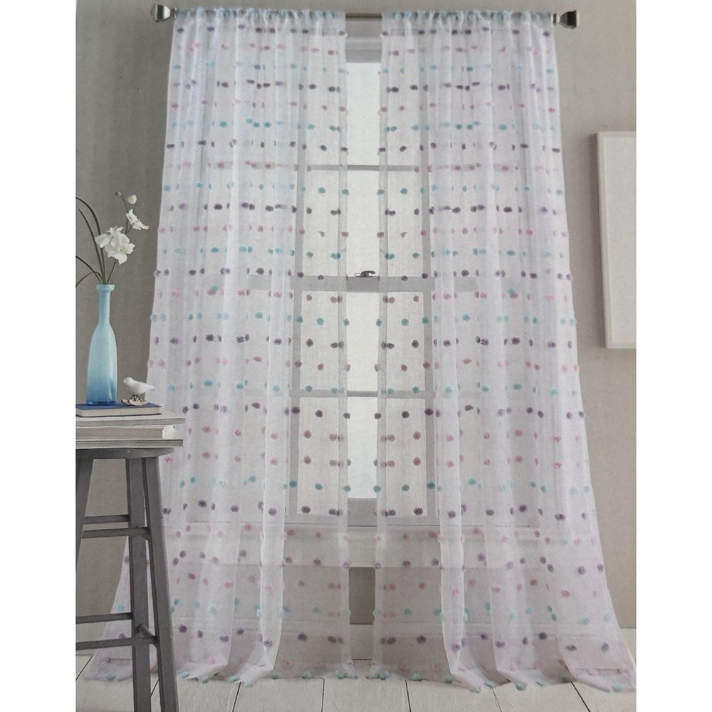 NEW DKNY Window Rod Pocket Panel Pastels Pom Pom White  Sheer 84" 2PC Curtain